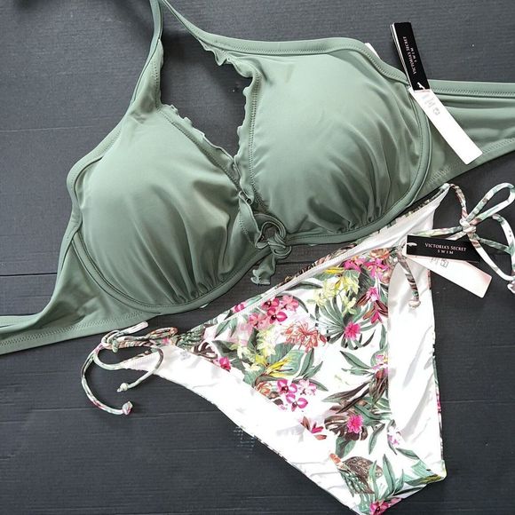 Victoria's Secret 36DD BIKINI M,XXL bottom OLIVE GREEN BLACK pink PALM orchid - Picture 3 of 5
